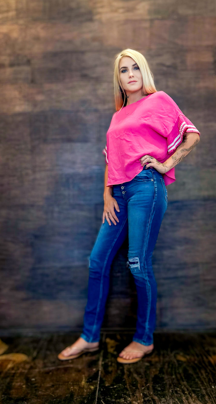 Hot Pink High Low Ruffle 3/4 Sleeve Top