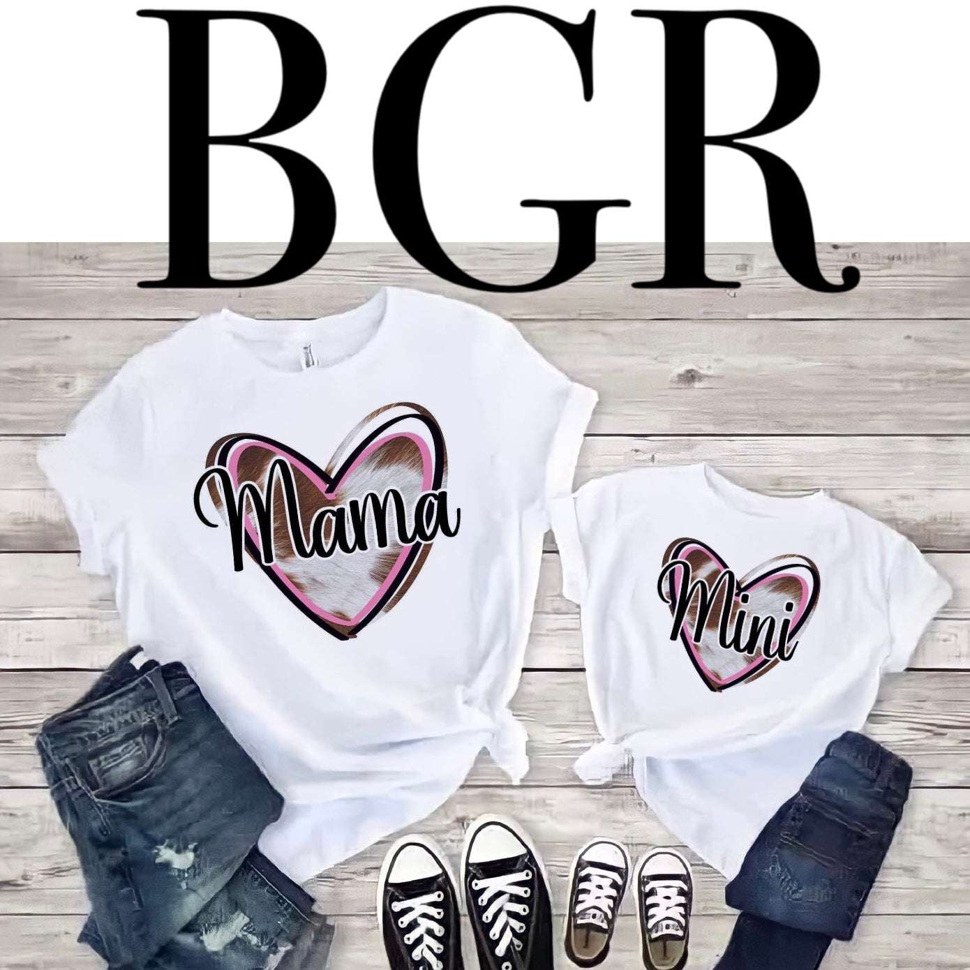 MaMa & Mini Cow Print Pink Heart Graphic Tee Bundle